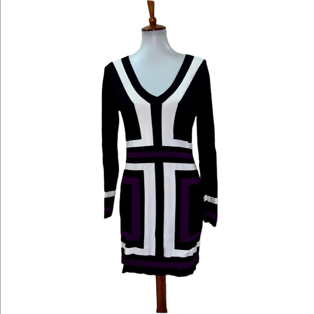 INC International Concepts Sweater Mini Dress Colorblock Black White Size Large